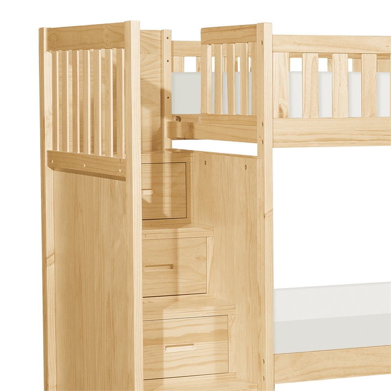Catherine Twin over Twin Bunk Bed- Storage Step- Natural Brown- Solid Wood