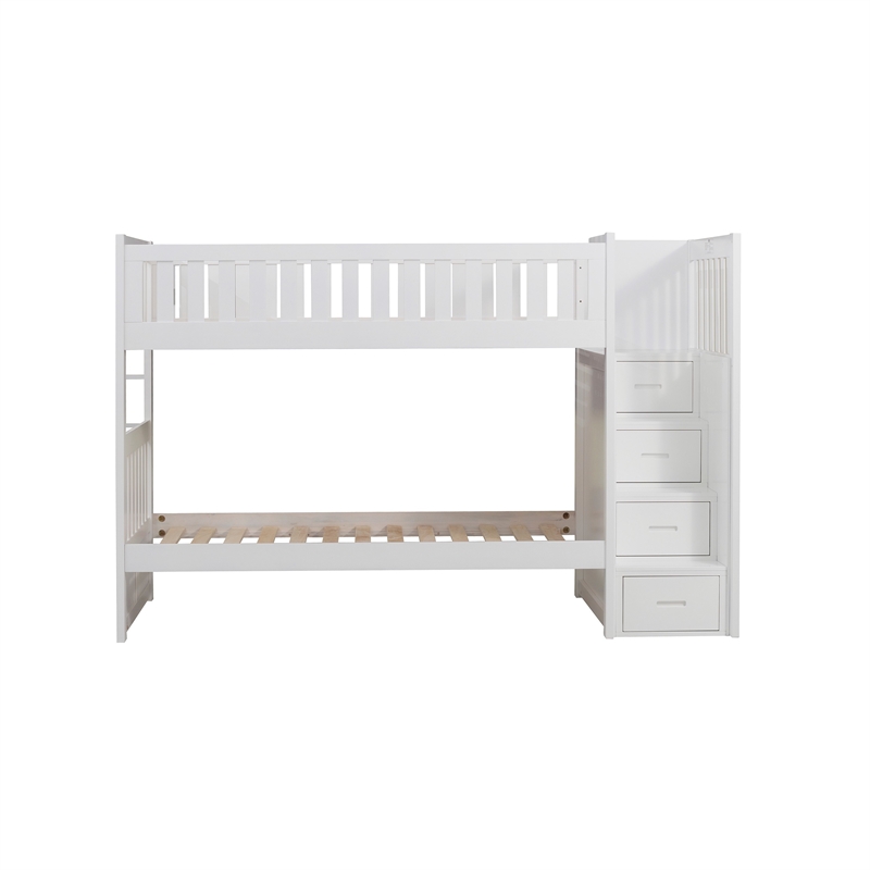 Catherine Twin over Twin Bunk Bed- Storage Step- White Veneer- Solid Wood