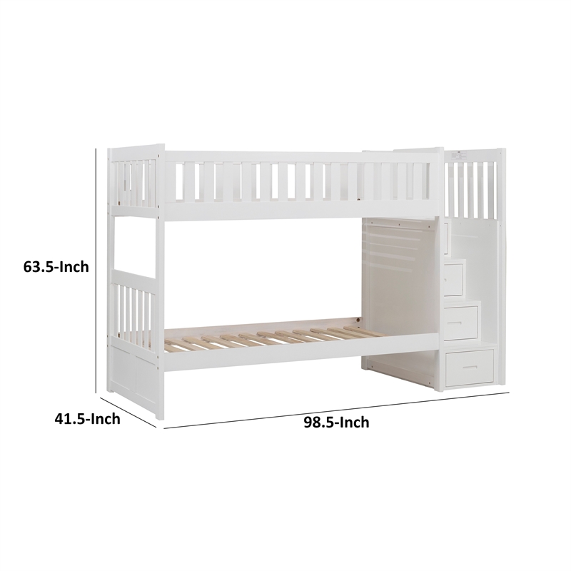 Catherine Twin over Twin Bunk Bed- Storage Step- White Veneer- Solid Wood