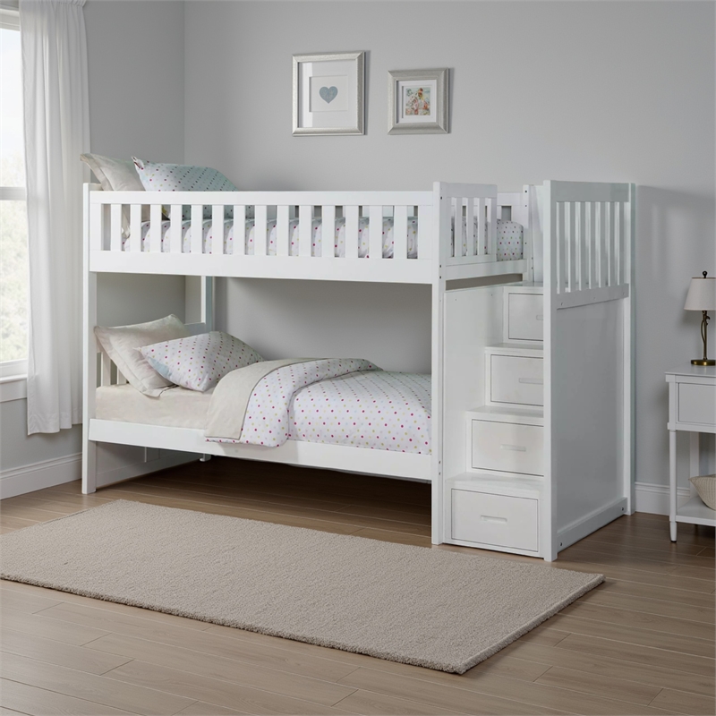 Catherine Twin over Twin Bunk Bed- Storage Step- White Veneer- Solid Wood