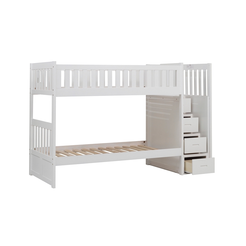 Catherine Twin over Twin Bunk Bed- Storage Step- White Veneer- Solid Wood