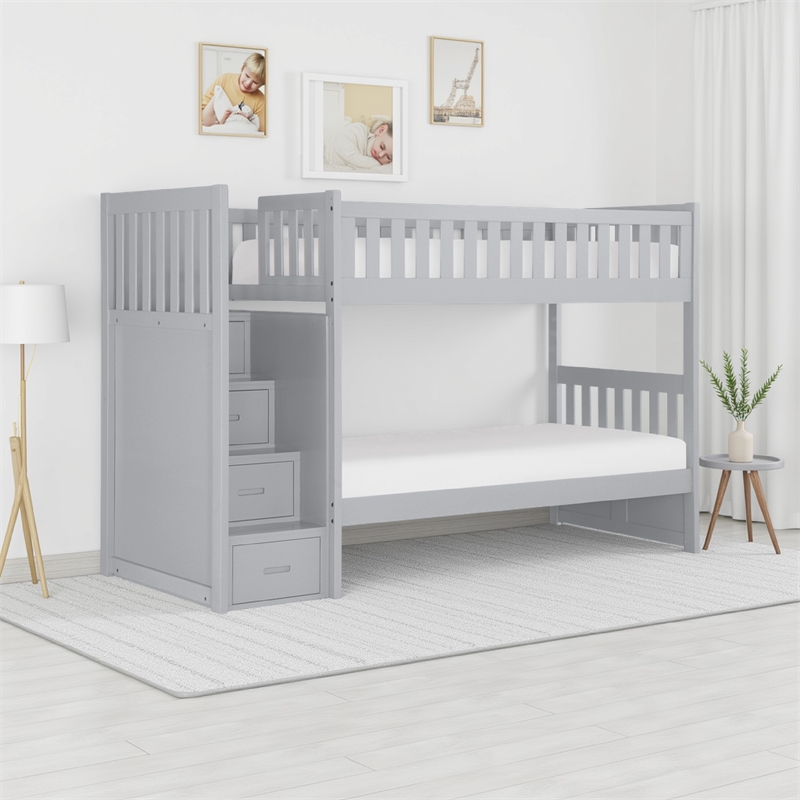 Catherine Twin over Twin Bunk Bed- Storage Step- Gray Veneer- Solid Wood
