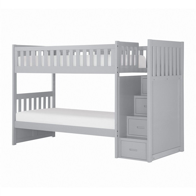 Catherine Twin over Twin Bunk Bed- Storage Step- Gray Veneer- Solid Wood