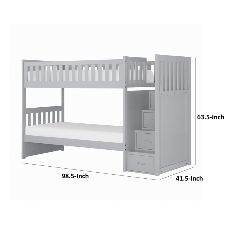 Catherine Twin over Twin Bunk Bed- Storage Step- Gray Veneer- Solid Wood