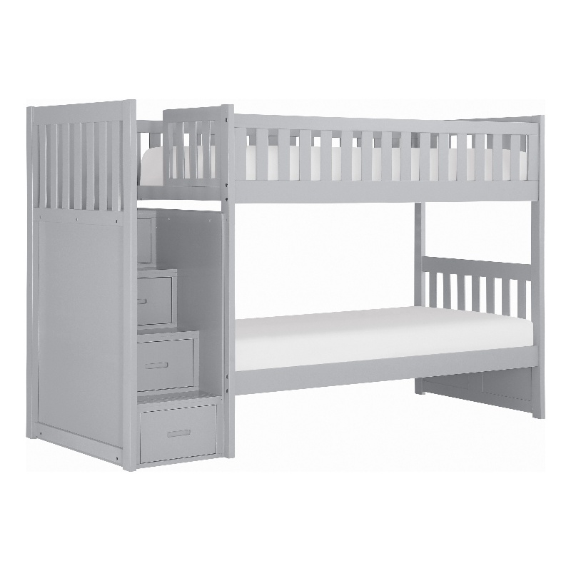 Catherine Twin over Twin Bunk Bed- Storage Step- Gray Veneer- Solid Wood