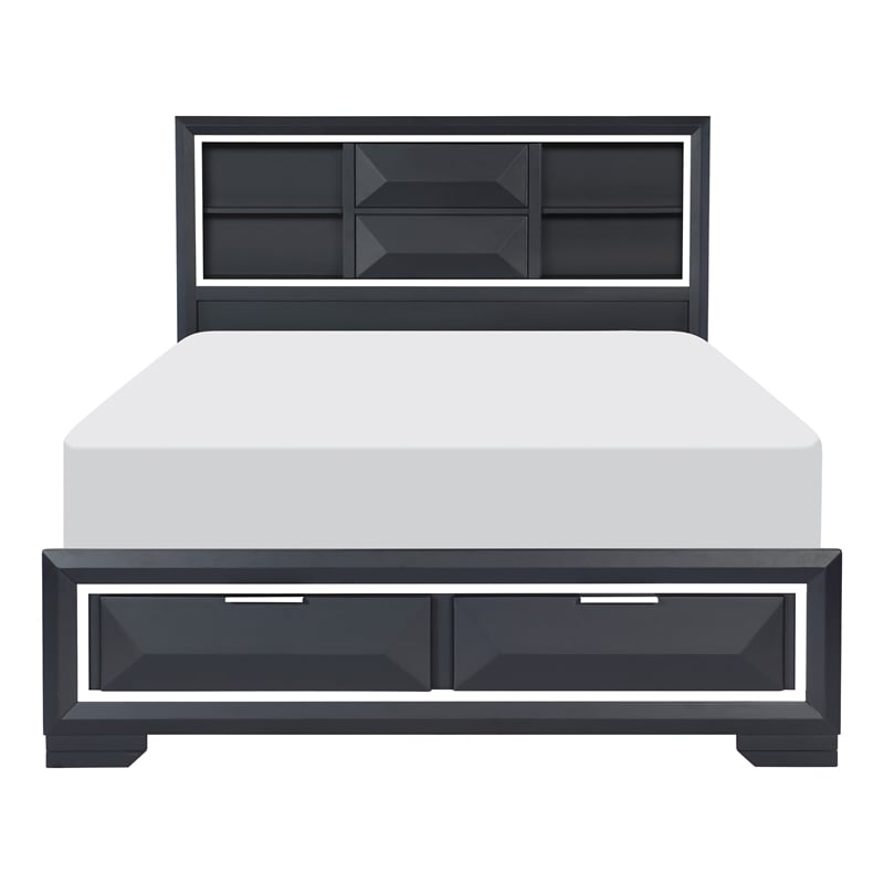 Rosy Queen Bed- 2 Storage Drawers- Bookcase- Midnight Blue Wood- Chrome