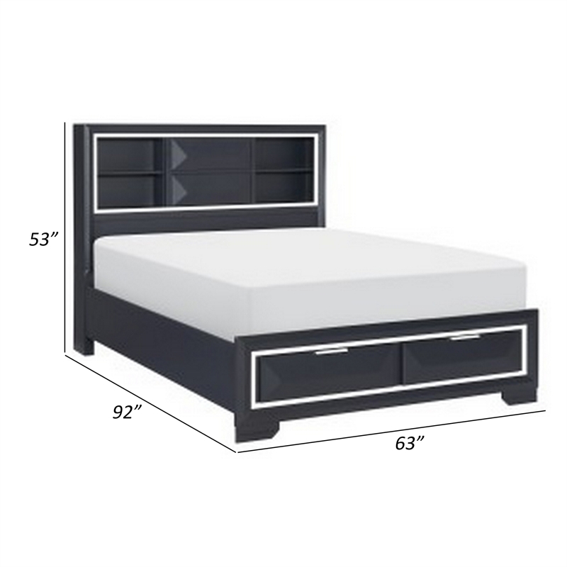 Rosy Queen Bed- 2 Storage Drawers- Bookcase- Midnight Blue Wood- Chrome