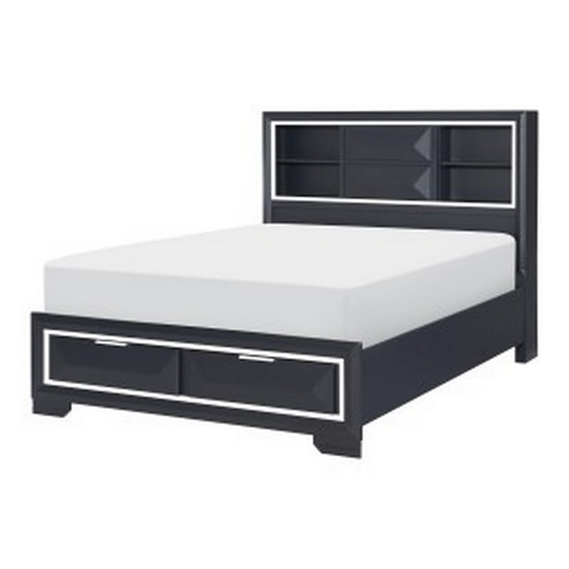Rosy Queen Bed- 2 Storage Drawers- Bookcase- Midnight Blue Wood- Chrome