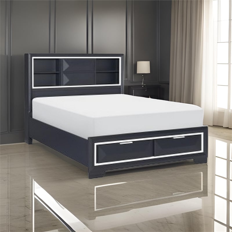 Rosy Queen Bed- 2 Storage Drawers- Bookcase- Midnight Blue Wood- Chrome