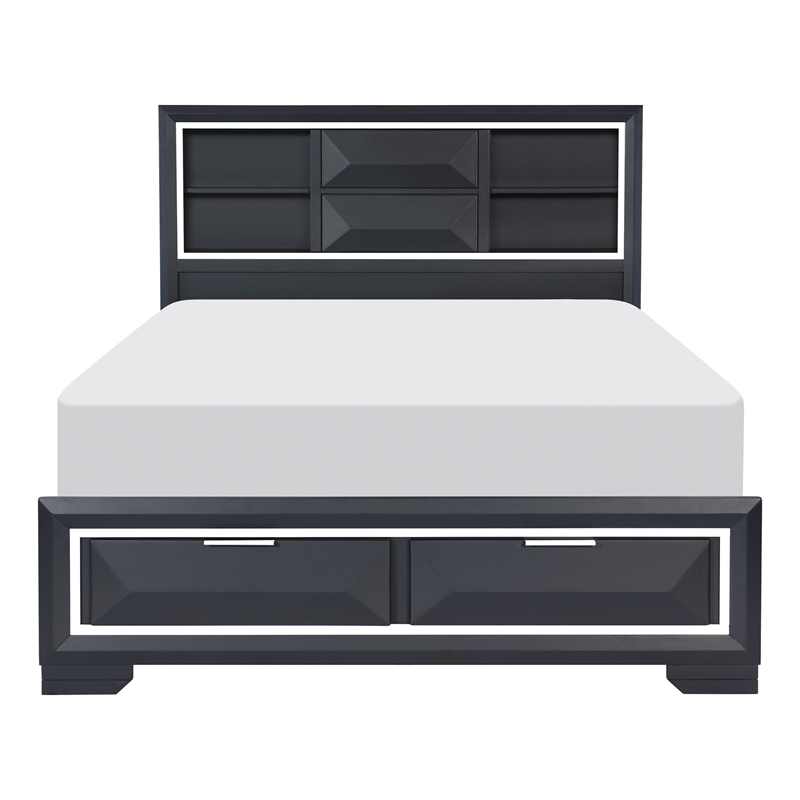 Rosy Queen Bed- 2 Storage Drawers- Bookcase- Midnight Blue Wood- Chrome