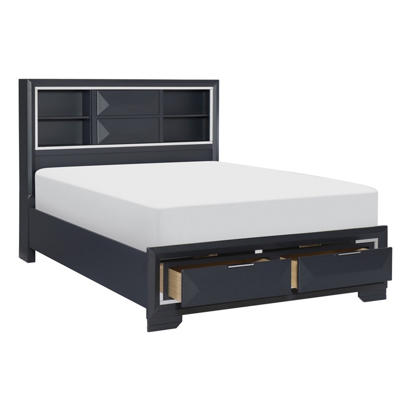 Rosy Queen Bed- 2 Storage Drawers- Bookcase- Midnight Blue Wood- Chrome