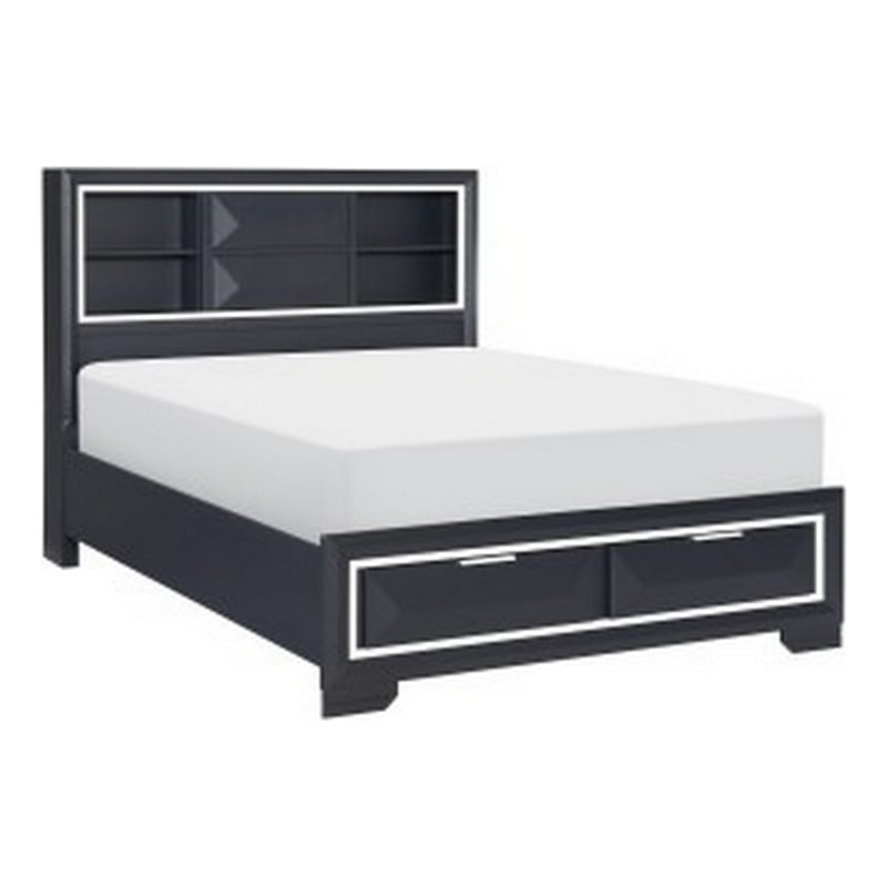 Rosy Queen Bed- 2 Storage Drawers- Bookcase- Midnight Blue Wood- Chrome