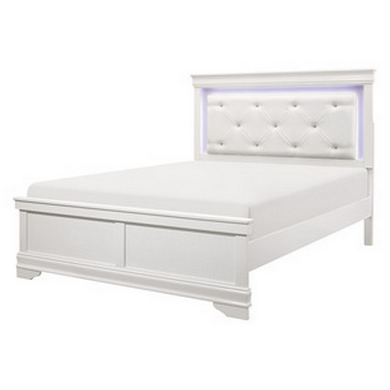 Teich Queen Bed- LED- Crystal Tufted Faux Leather Upholstery- White Wood