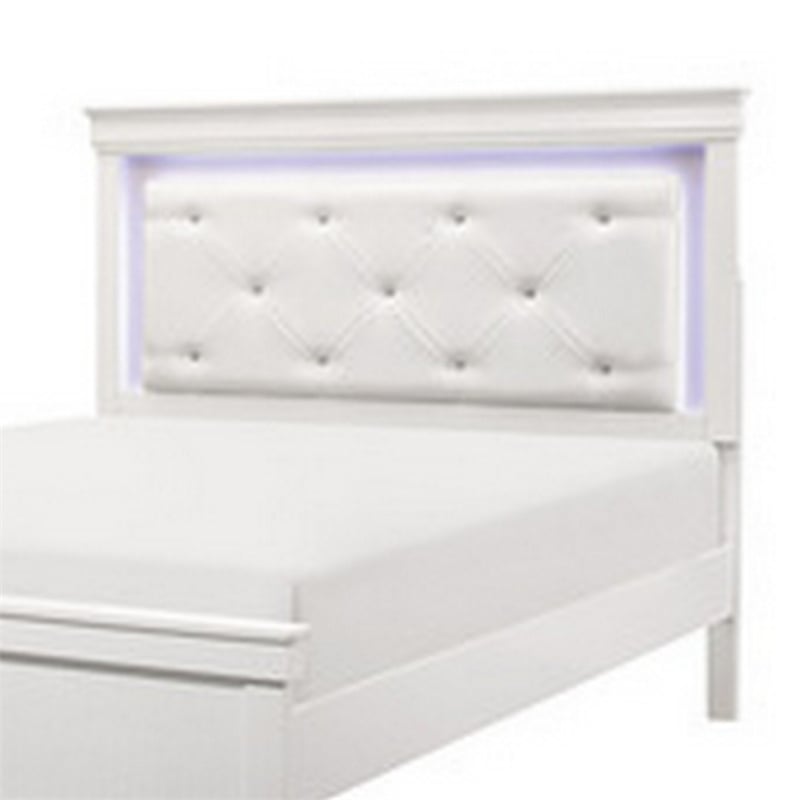Teich Queen Bed- LED- Crystal Tufted Faux Leather Upholstery- White Wood