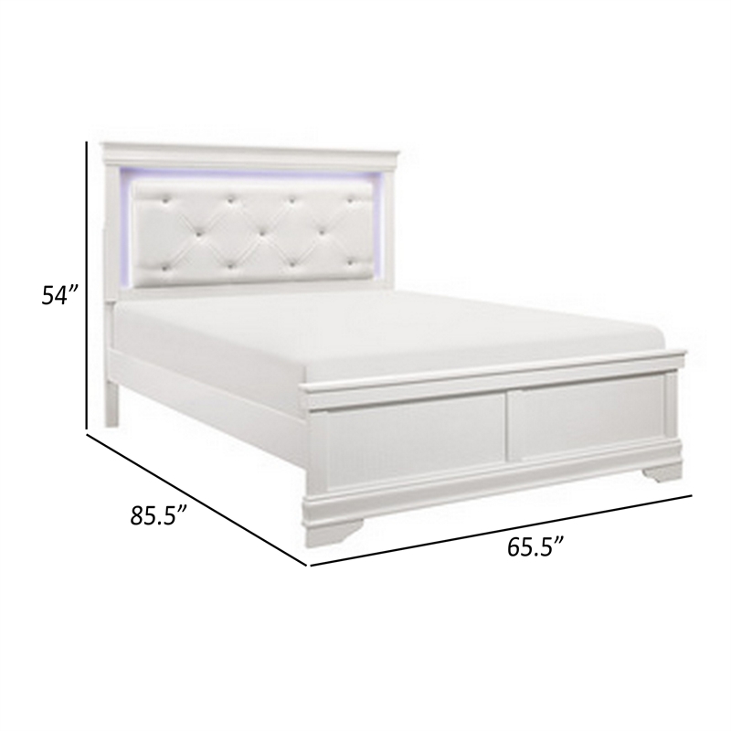 Teich Queen Bed- LED- Crystal Tufted Faux Leather Upholstery- White Wood