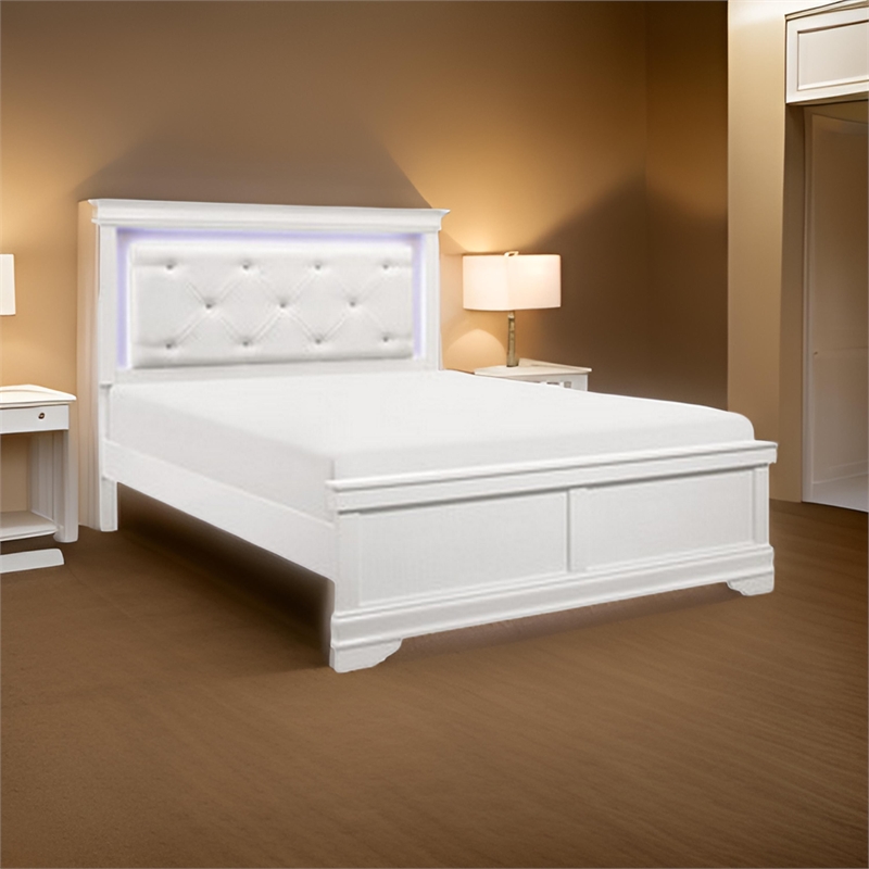 Teich Queen Bed- LED- Crystal Tufted Faux Leather Upholstery- White Wood