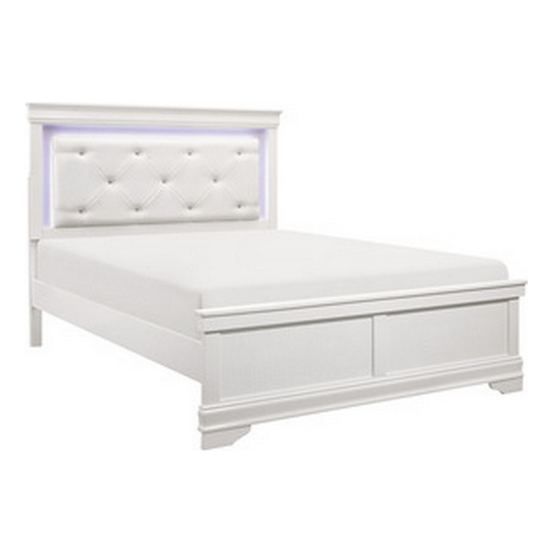 Teich Queen Bed- LED- Crystal Tufted Faux Leather Upholstery- White Wood