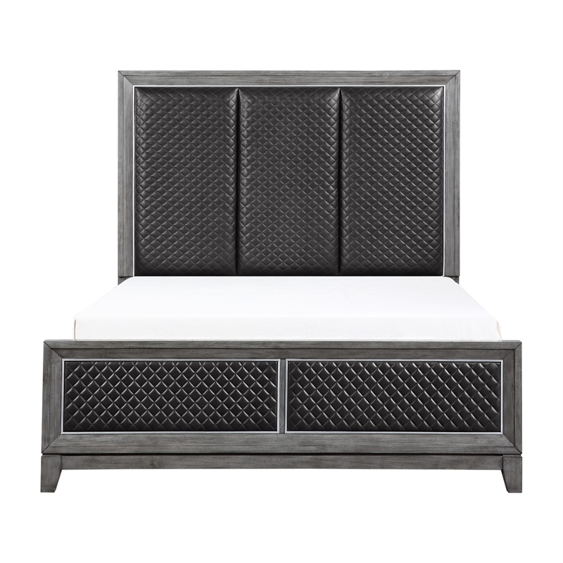 Stacy Queen Bed- Gray Faux Leather Upholstered Panels- Silver- Gray Wood