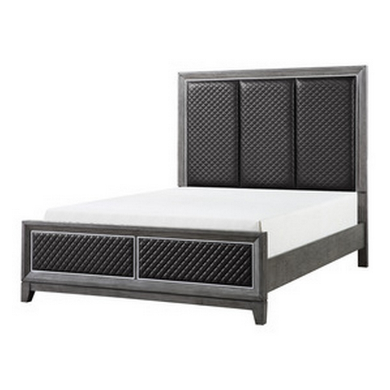 Stacy Queen Bed- Gray Faux Leather Upholstered Panels- Silver- Gray Wood