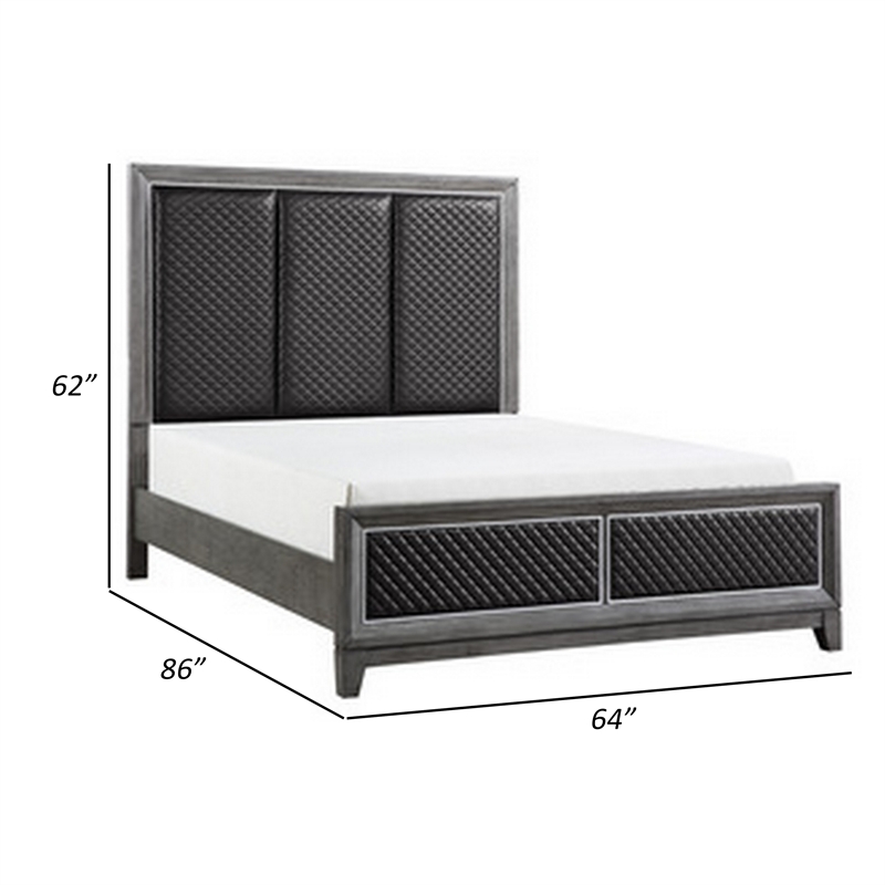 Stacy Queen Bed- Gray Faux Leather Upholstered Panels- Silver- Gray Wood