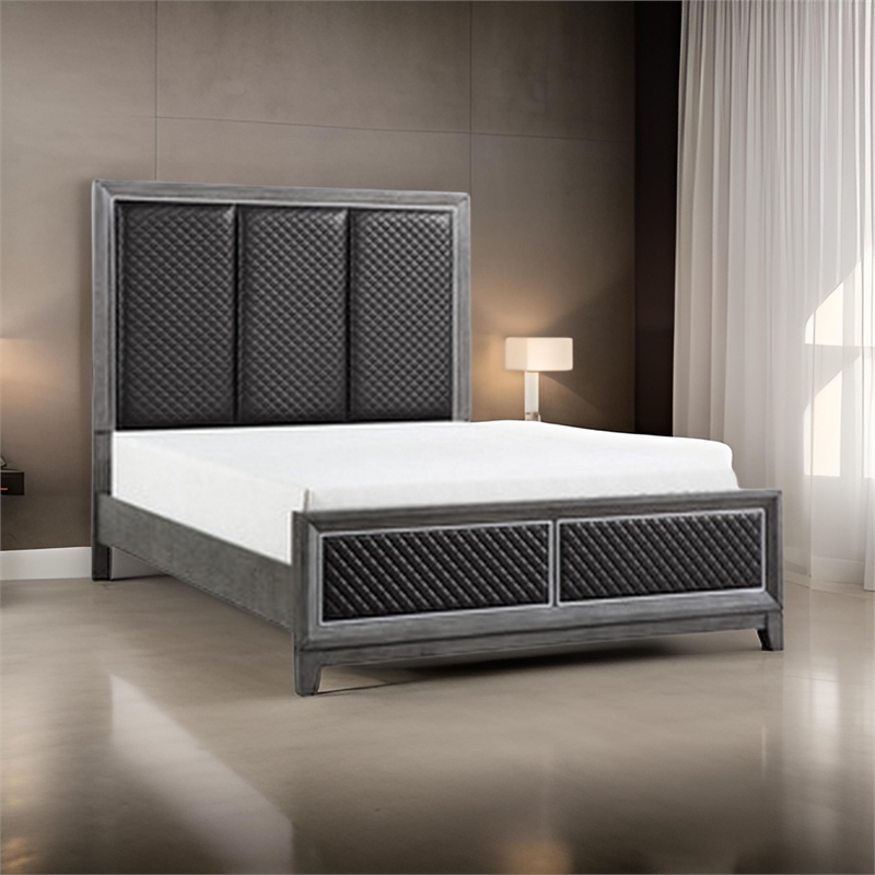 Stacy Queen Bed- Gray Faux Leather Upholstered Panels- Silver- Gray Wood