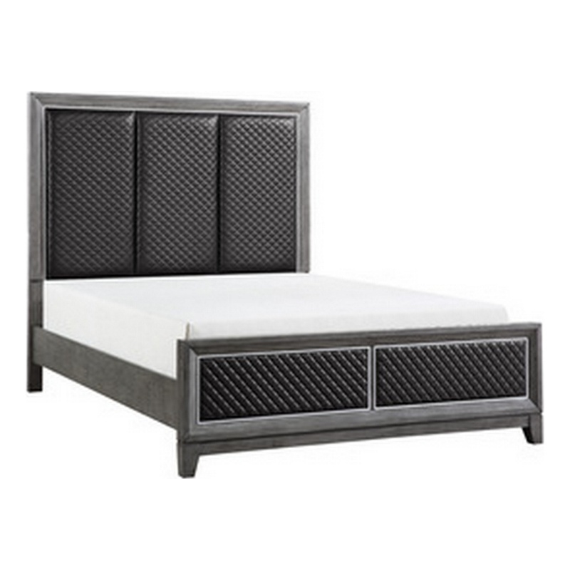Stacy Queen Bed- Gray Faux Leather Upholstered Panels- Silver- Gray Wood