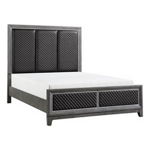 Stacy Queen Bed- Gray Faux Leather Upholstered Panels- Silver- Gray Wood