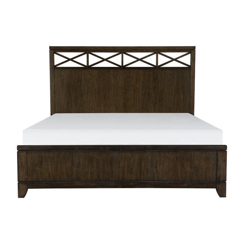 Gia Queen Bed- X Shaped Panel Accents on The Headboard- Dark Brown Wood