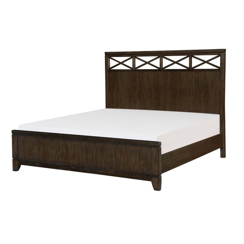 Gia Queen Bed- X Shaped Panel Accents on The Headboard- Dark Brown Wood