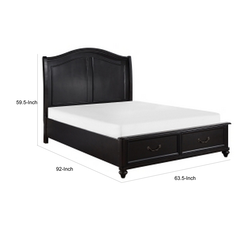 Vix Queen Size Platform Bed- Panel Arch Design- 2 Storage Drawers- Black