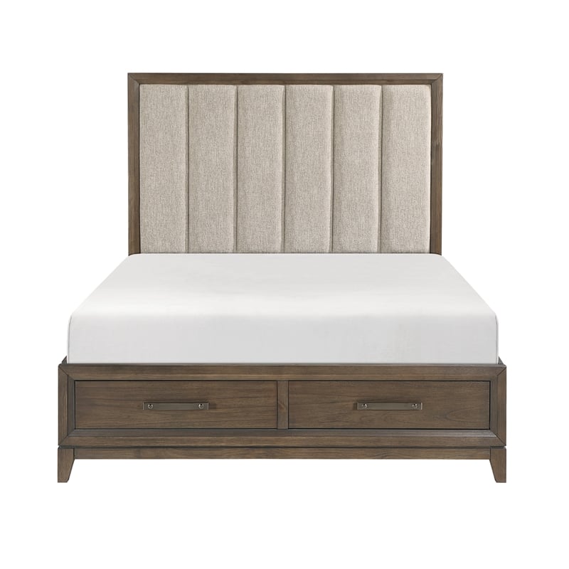 Wyn Queen Platform Bed- Chenille Channel Tufted Upholstery- Walnut Brown