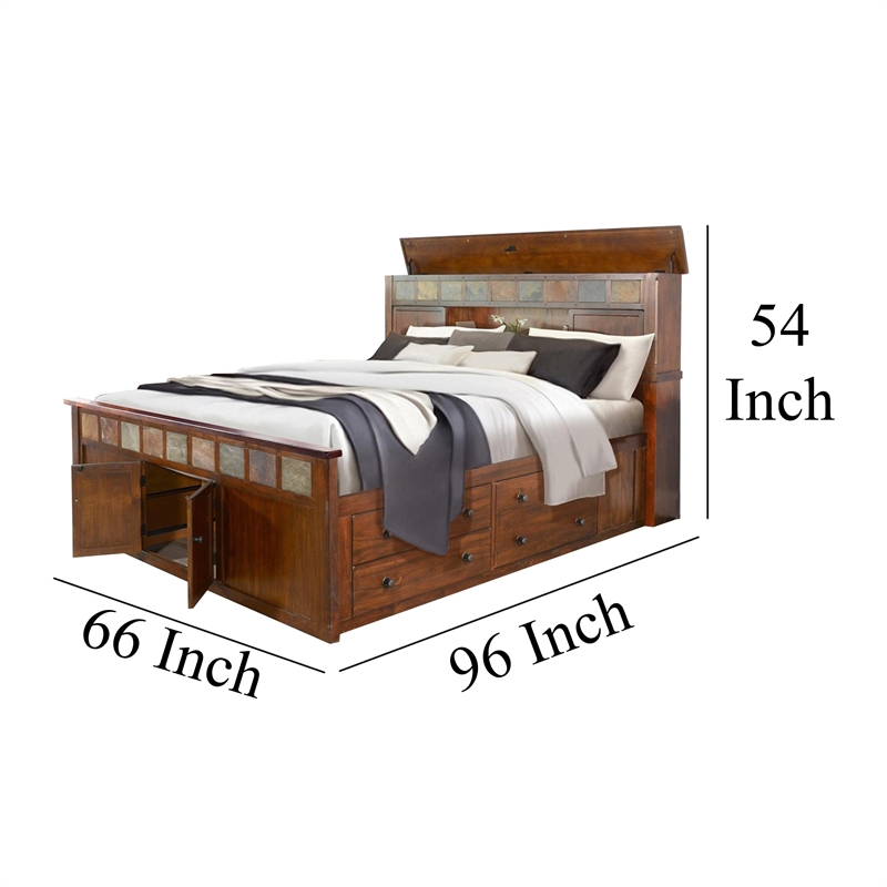 Odell Queen Size Bed w Storage Footboard- Bookcase Headboard- Brown