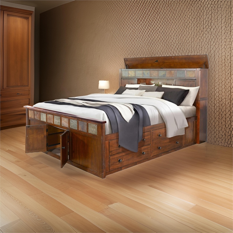 Odell Queen Size Bed w Storage Footboard- Bookcase Headboard- Brown
