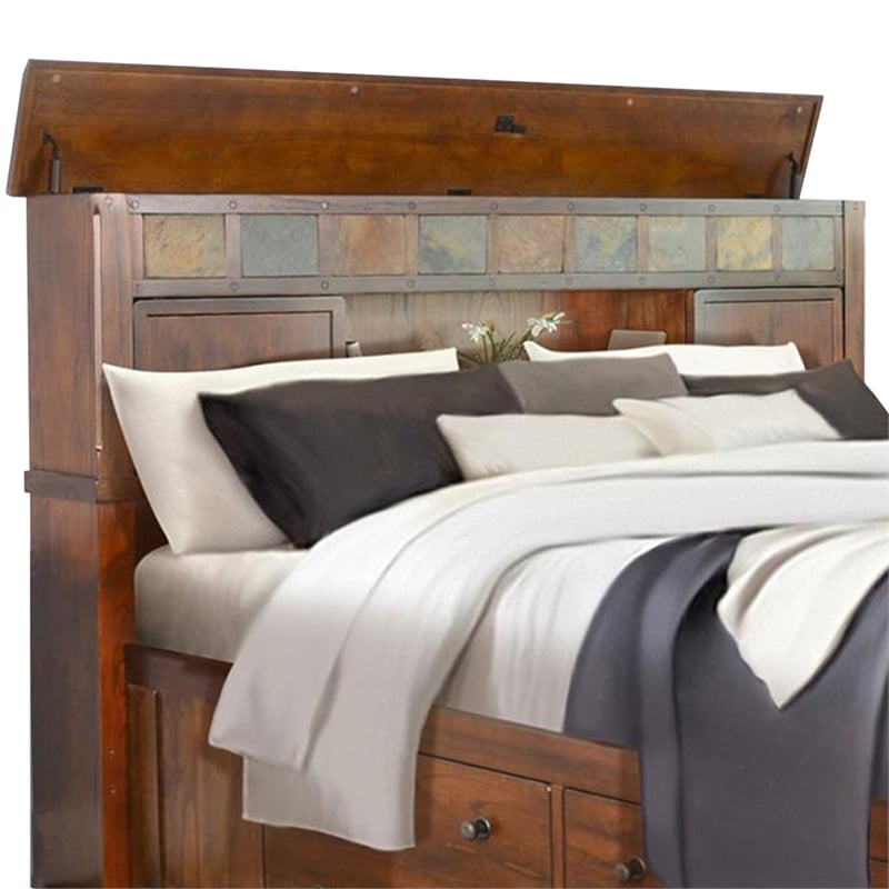 Odell Queen Size Bed w Storage Footboard- Bookcase Headboard- Brown