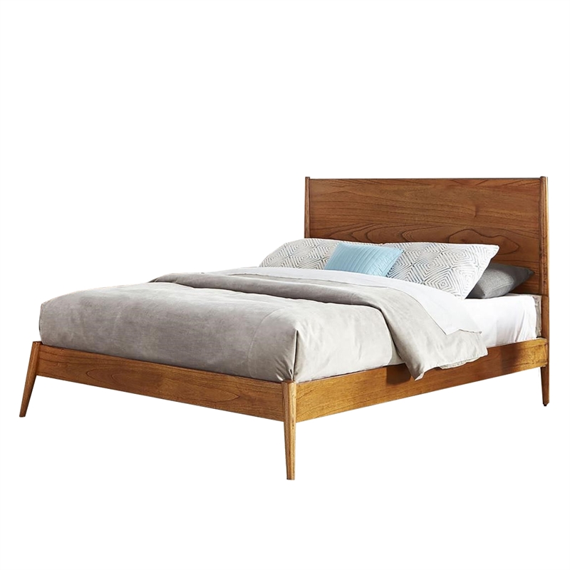 Amy Queen Size Platform Bed- Low Profile Frame- Panel Headboard- Brown