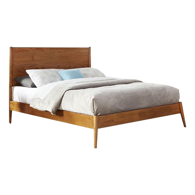 Amy Queen Size Platform Bed- Low Profile Frame- Panel Headboard- Brown