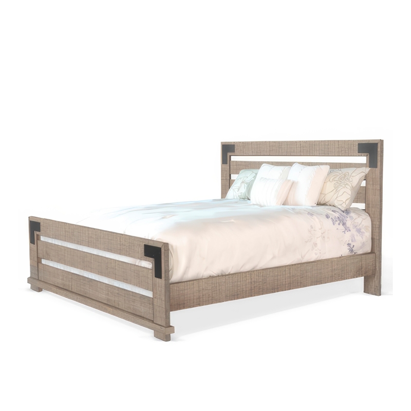 Desy King Size Platform Bed- Slatted Headboard- Farmhouse Light Brown