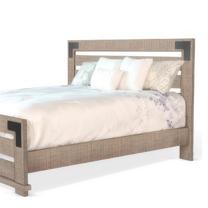 Desy King Size Platform Bed- Slatted Headboard- Farmhouse Light Brown
