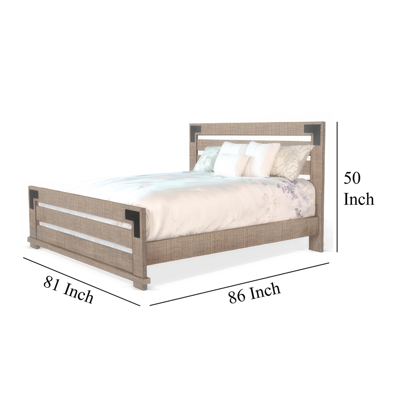 Desy King Size Platform Bed- Slatted Headboard- Farmhouse Light Brown