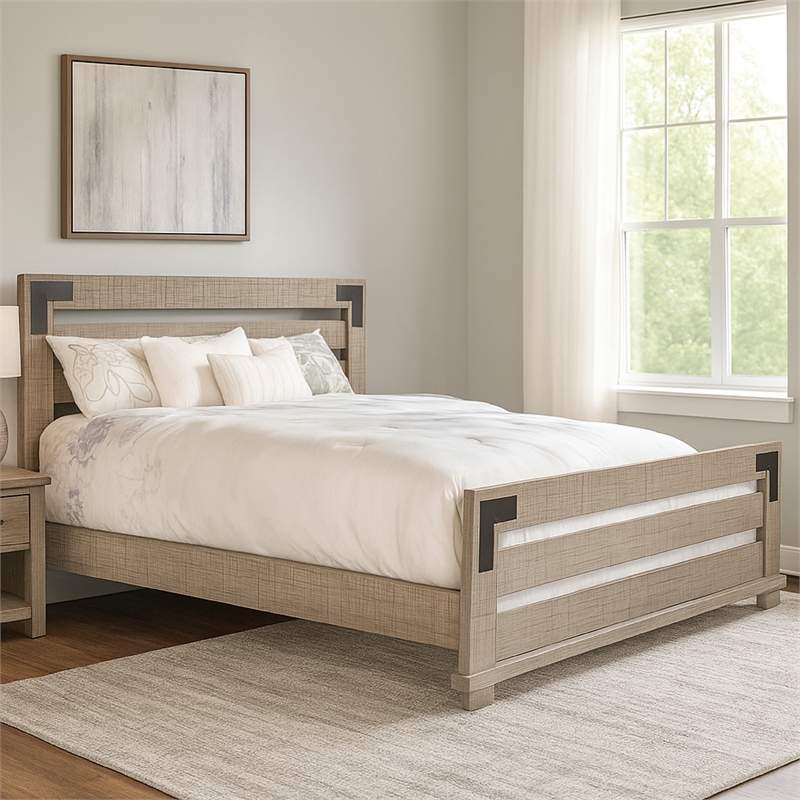 Desy King Size Platform Bed- Slatted Headboard- Farmhouse Light Brown