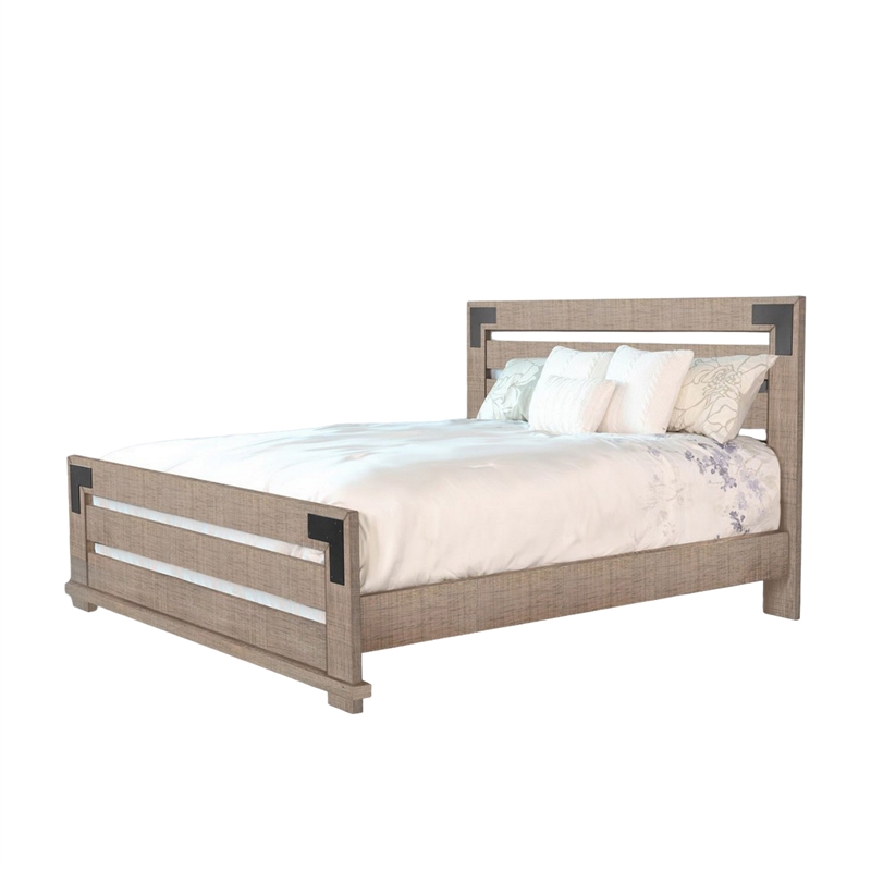 Desy Queen Size Platform Bed- Slatted Headboard- Farmhouse Light Brown