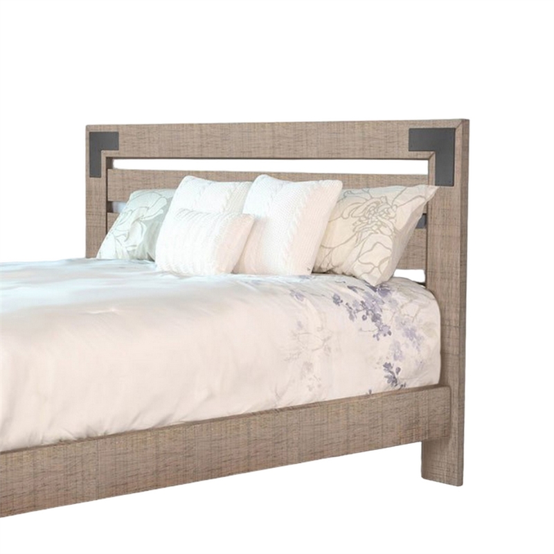Desy Queen Size Platform Bed- Slatted Headboard- Farmhouse Light Brown
