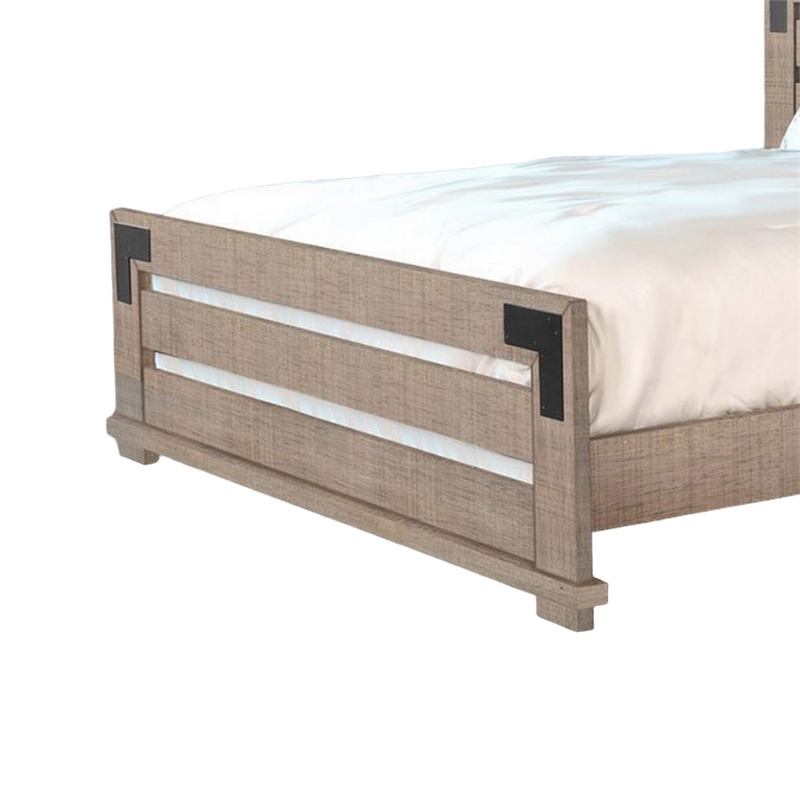 Desy Queen Size Platform Bed- Slatted Headboard- Farmhouse Light Brown