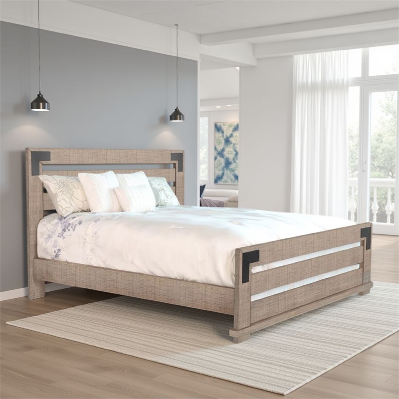 Desy Queen Size Platform Bed- Slatted Headboard- Farmhouse Light Brown