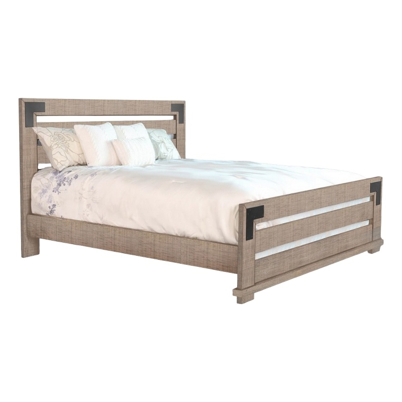Desy Queen Size Platform Bed- Slatted Headboard- Farmhouse Light Brown