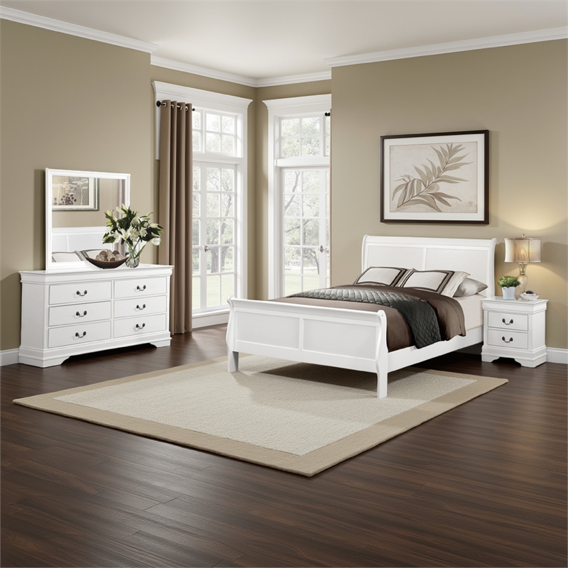 Fy Four Piece California King Size Bedroom Set- Brass Metal Handles- White Wood