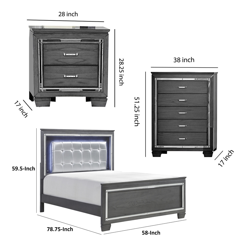 Alen 3 Pc Full Size Bedroom Set- Button Tufting- Mirror Trim- Gray