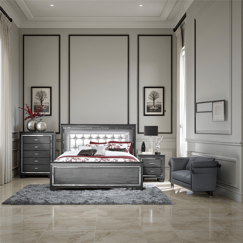 Alen 3 Pc Full Size Bedroom Set- Button Tufting- Mirror Trim- Gray