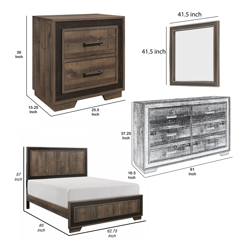 Shelli 4 Pc Queen Size Bedroom Set- Wood Planks- Mahogany Brown