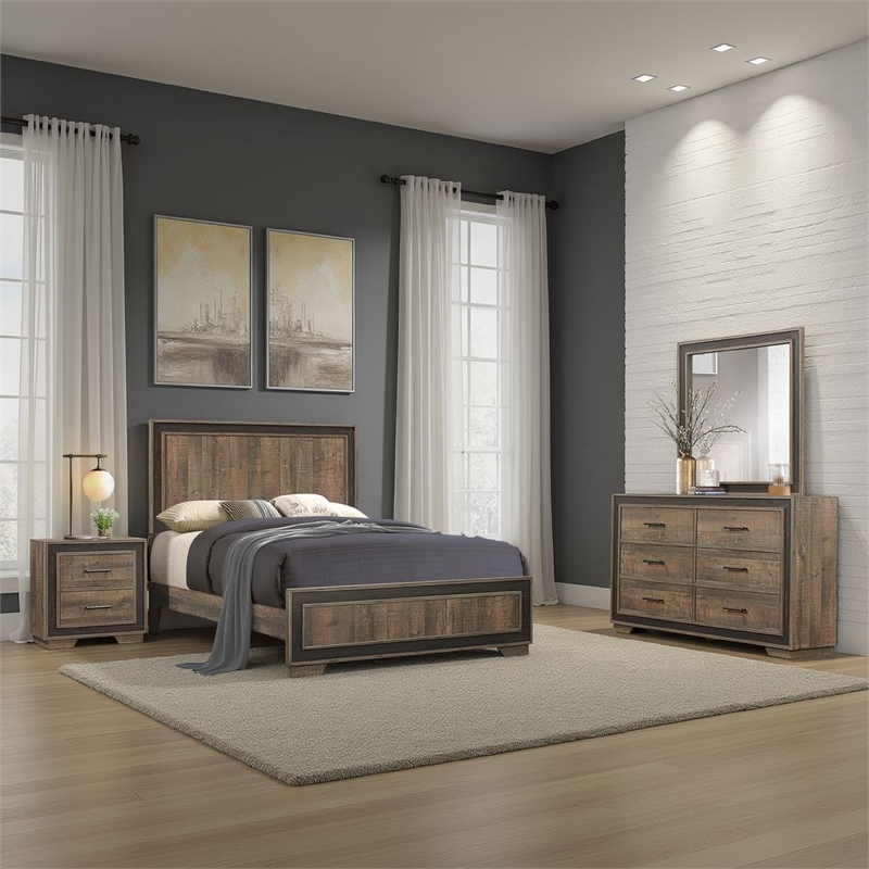 Shelli 4 Pc Queen Size Bedroom Set- Wood Planks- Mahogany Brown